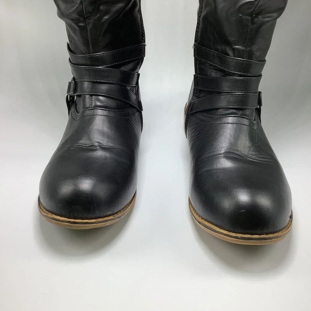 Women's Harness Pull Tabs Riding Boots Black Knee High 8.5‎